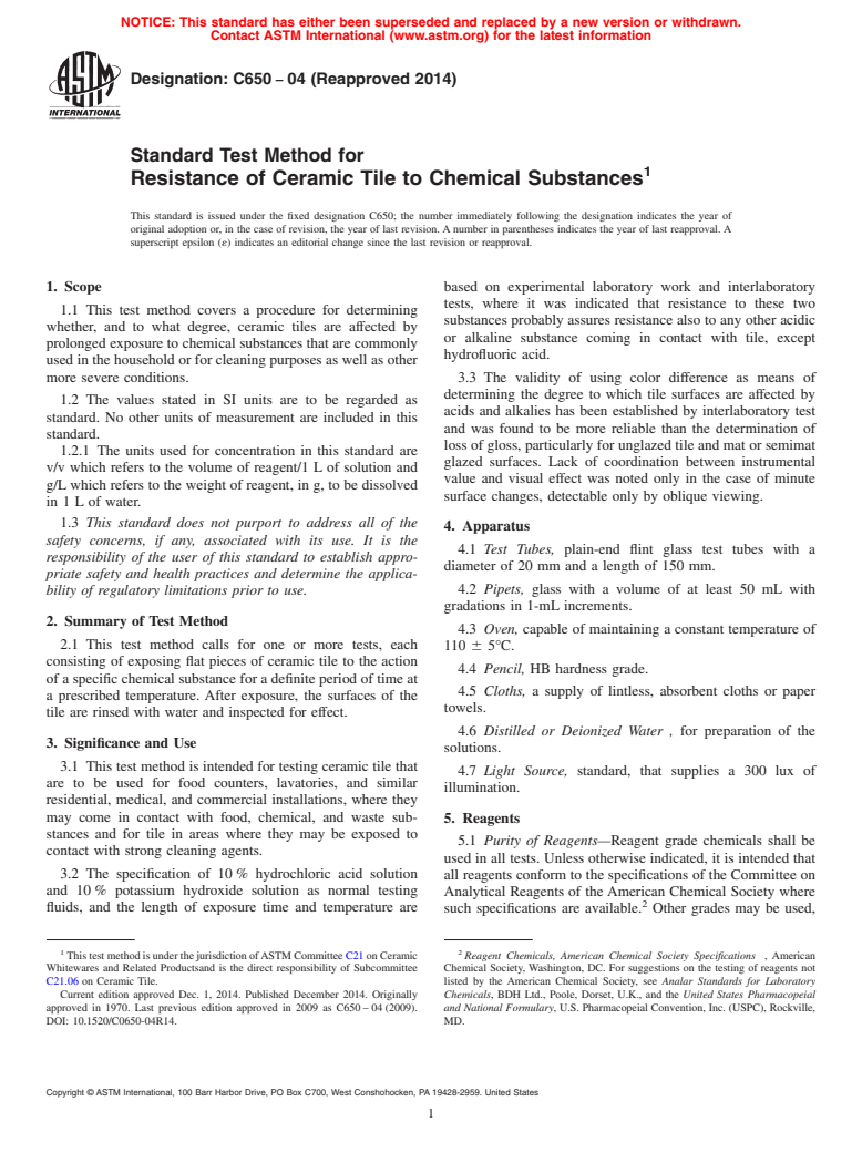 ASTM C650-04(2014) - Standard Test Method for  Resistance of Ceramic Tile to Chemical Substances