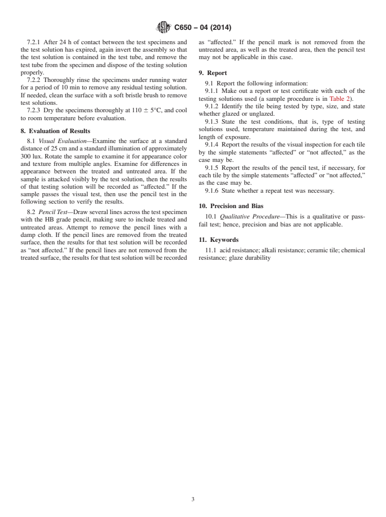 ASTM C650-04(2014) - Standard Test Method for  Resistance of Ceramic Tile to Chemical Substances