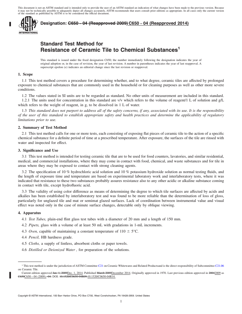 REDLINE ASTM C650-04(2014) - Standard Test Method for  Resistance of Ceramic Tile to Chemical Substances