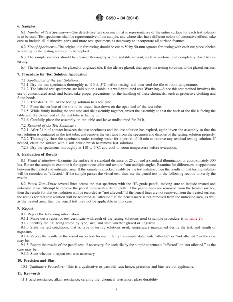 REDLINE ASTM C650-04(2014) - Standard Test Method for  Resistance of Ceramic Tile to Chemical Substances