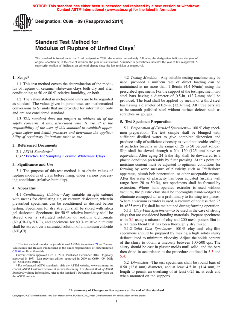 ASTM C689-09(2014) - Standard Test Method for  Modulus of Rupture of Unfired Clays