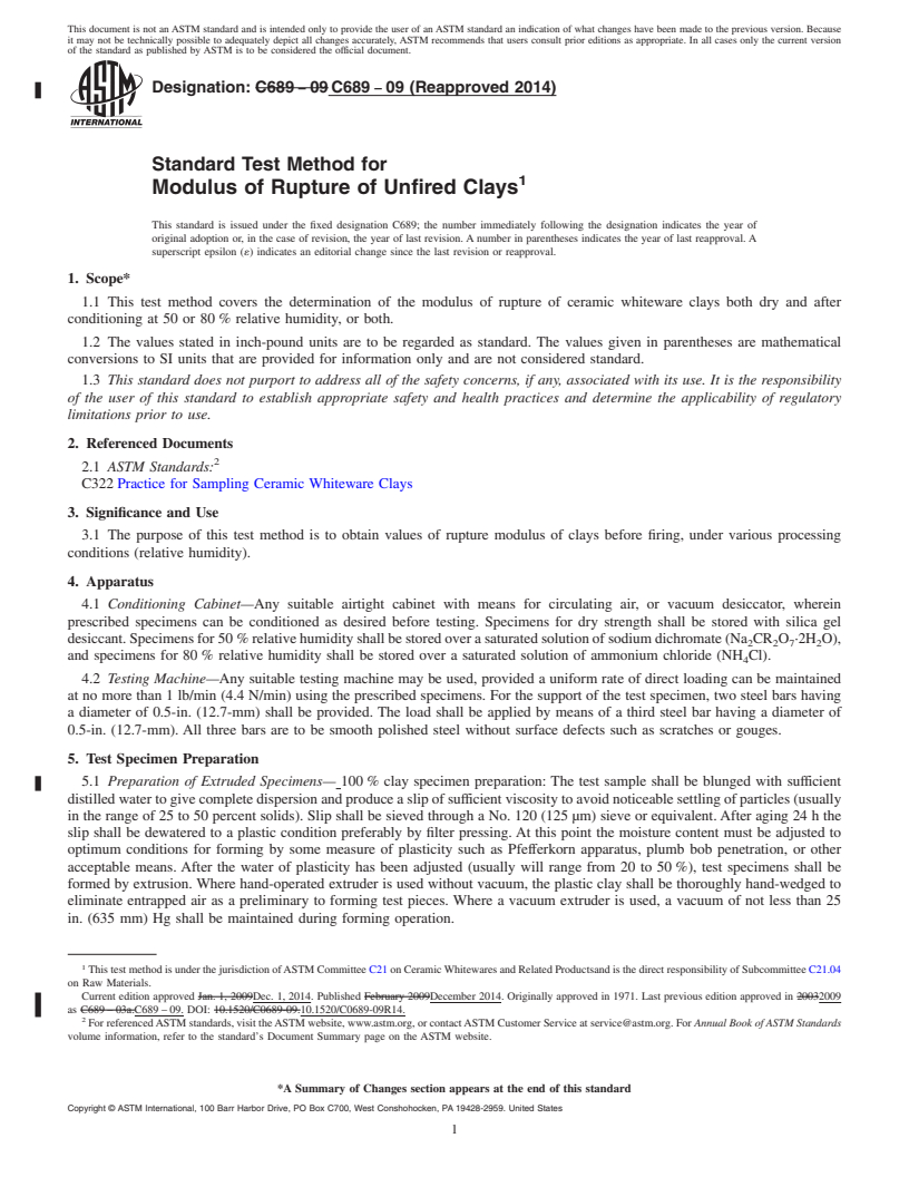 REDLINE ASTM C689-09(2014) - Standard Test Method for  Modulus of Rupture of Unfired Clays