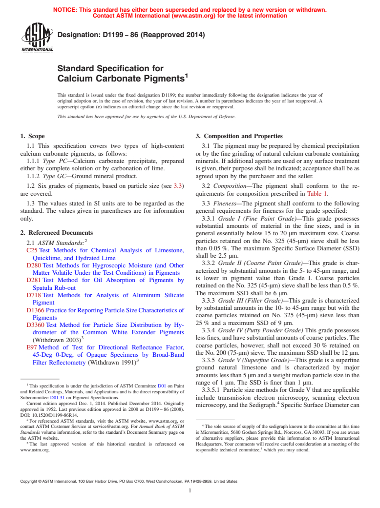 ASTM D1199-86(2014) - Standard Specification for Calcium Carbonate Pigments