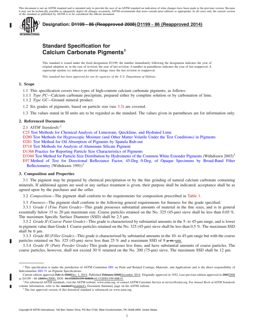 REDLINE ASTM D1199-86(2014) - Standard Specification for Calcium Carbonate Pigments