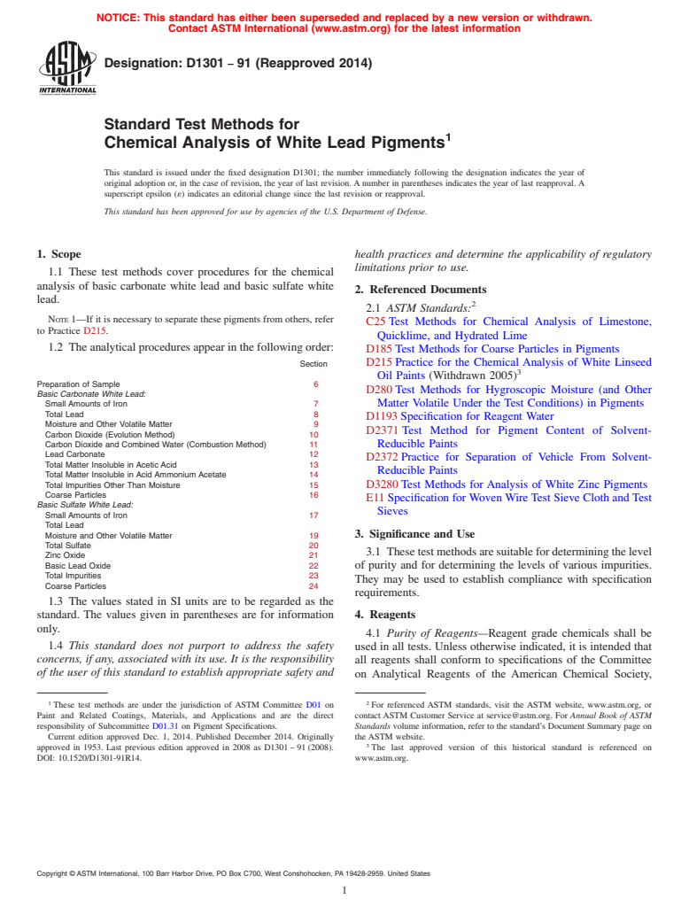 ASTM D1301-91(2014) - Standard Test Methods for Chemical Analysis of White Lead Pigments
