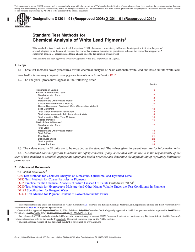 REDLINE ASTM D1301-91(2014) - Standard Test Methods for Chemical Analysis of White Lead Pigments
