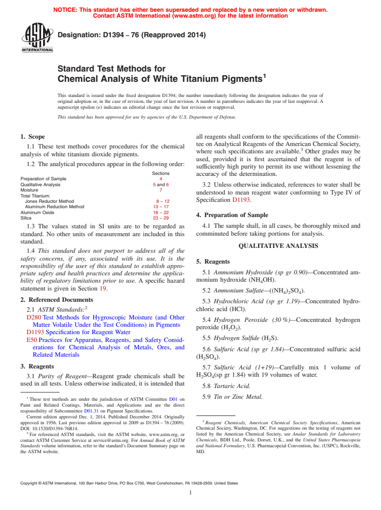 ASTM D1394-76(2014) - Standard Test Methods for Chemical Analysis of White Titanium Pigments