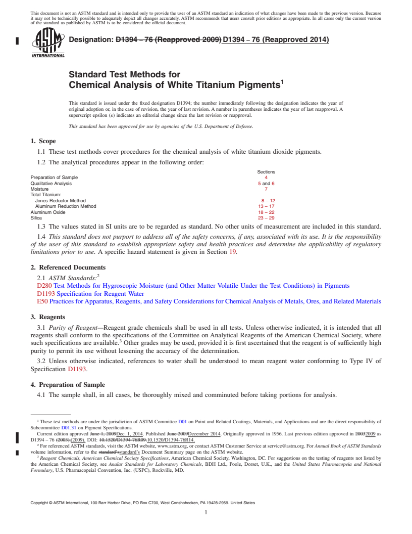 REDLINE ASTM D1394-76(2014) - Standard Test Methods for Chemical Analysis of White Titanium Pigments