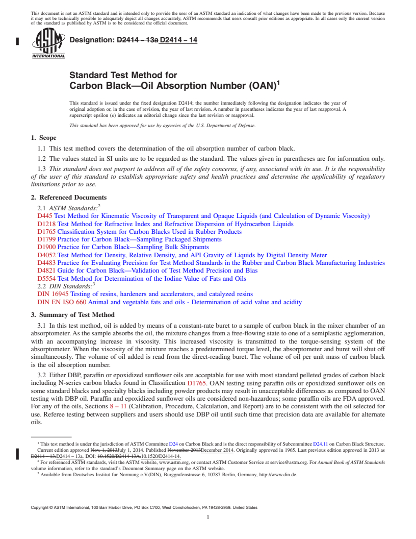 REDLINE ASTM D2414-14 - Standard Test Method for Carbon Black&mdash;Oil Absorption Number (OAN)