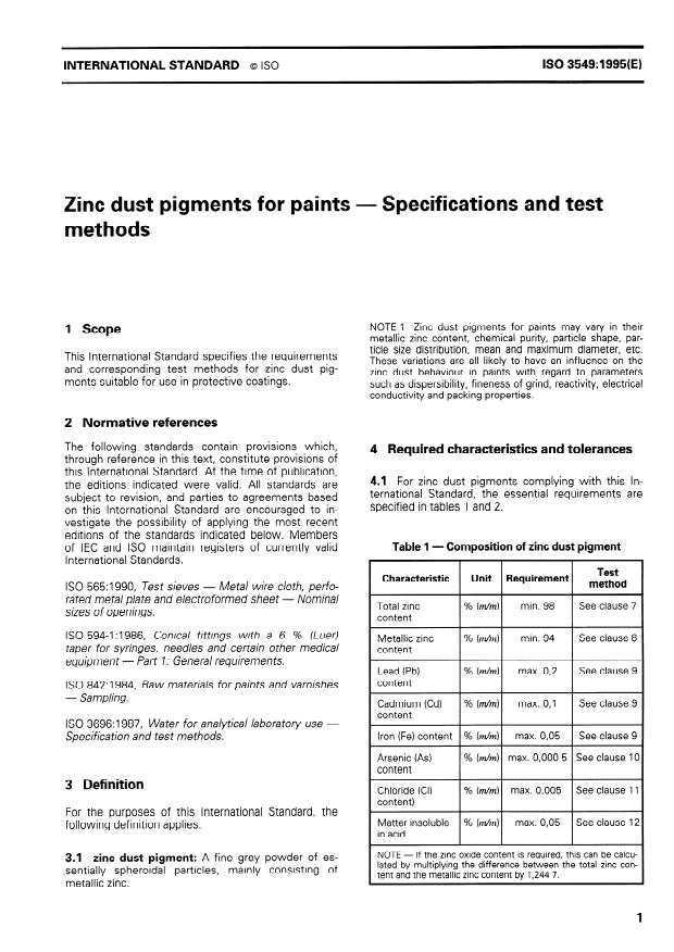 ISO 3549:1995 - Zinc dust pigments for paints -- Specifications and test methods
