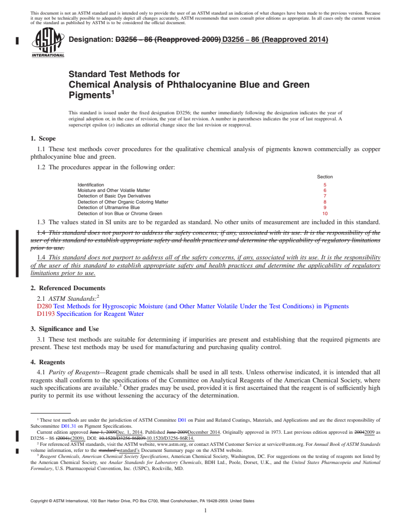 REDLINE ASTM D3256-86(2014) - Standard Test Methods for Chemical Analysis of Phthalocyanine Blue and Green Pigments