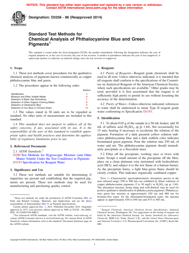 ASTM D3256-86(2014) - Standard Test Methods for Chemical Analysis of Phthalocyanine Blue and Green Pigments