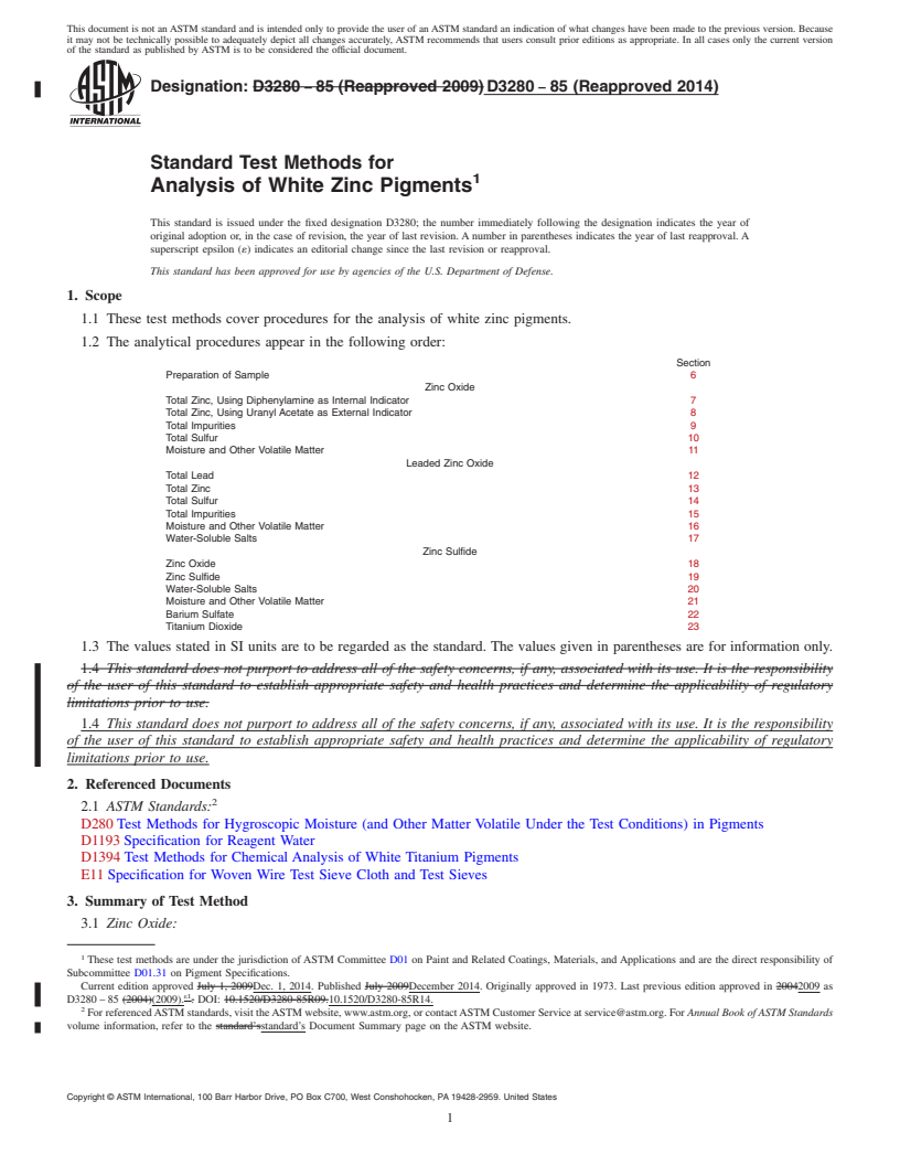 REDLINE ASTM D3280-85(2014) - Standard Test Methods for Analysis of White Zinc Pigments