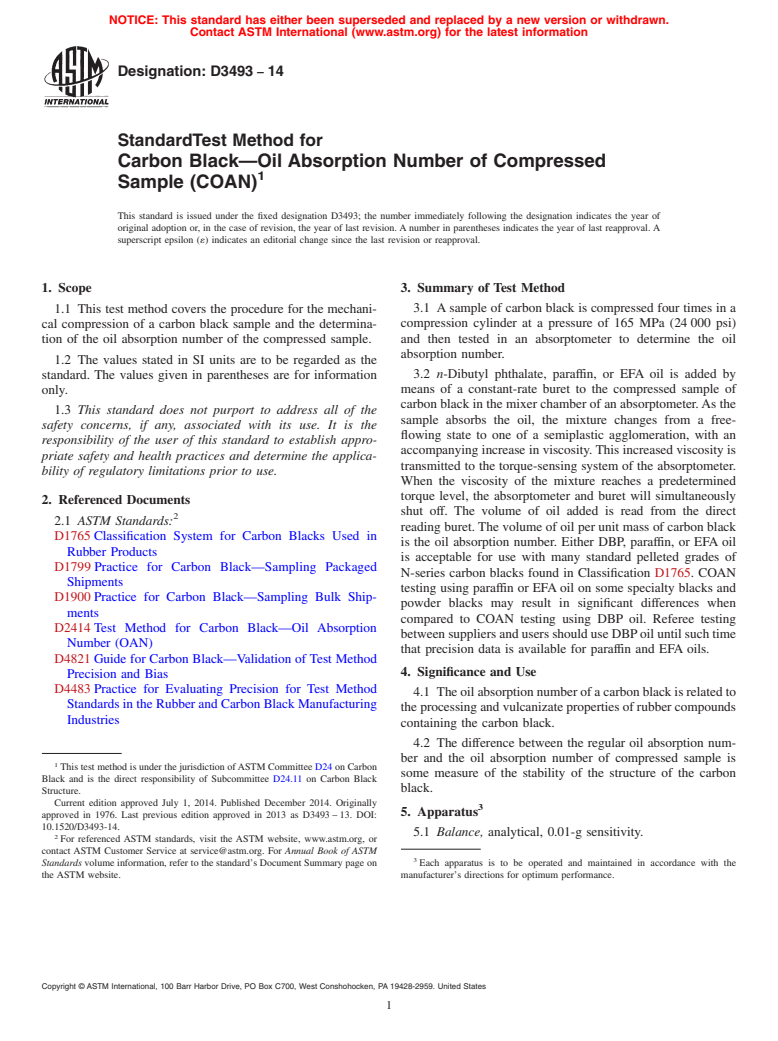 ASTM D3493-14 - Standard Test Method for  Carbon Black&mdash;Oil Absorption Number of Compressed Sample  (COAN)