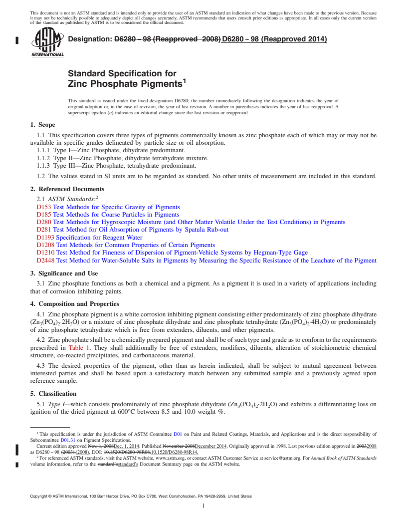 REDLINE ASTM D6280-98(2014) - Standard Specification for Zinc Phosphate Pigments