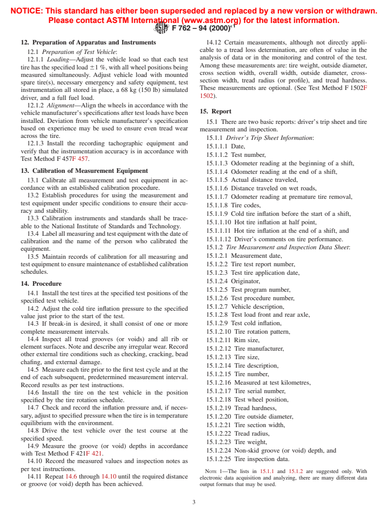 ASTM F762-94(2000)e1 - Standard Test Method for Determining Change in Groove (or Void) Depth With Distance Traveled for Passenger Car Tires