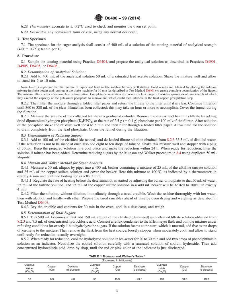 REDLINE ASTM D6406-99(2014) - Standard Test Method for  Analysis of Sugar in Vegetable Tanning Materials