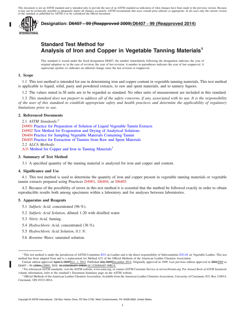 REDLINE ASTM D6407-99(2014) - Standard Test Method for  Analysis of Iron and Copper in Vegetable Tanning Materials