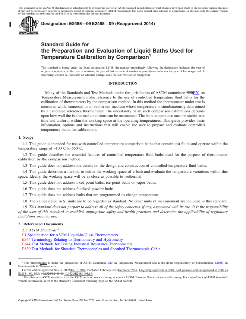 REDLINE ASTM E2488-09(2014) - Standard Guide for  the Preparation and Evaluation of Liquid Baths Used for Temperature    Calibration by Comparison