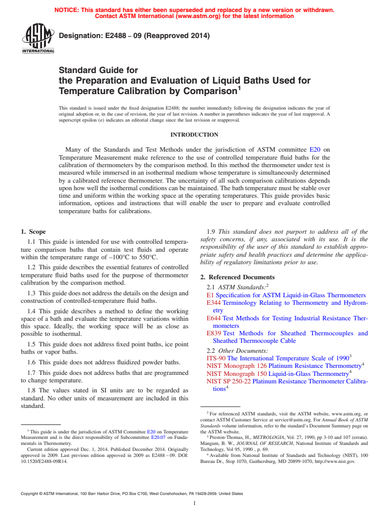 ASTM E2488-09(2014) - Standard Guide for  the Preparation and Evaluation of Liquid Baths Used for Temperature    Calibration by Comparison