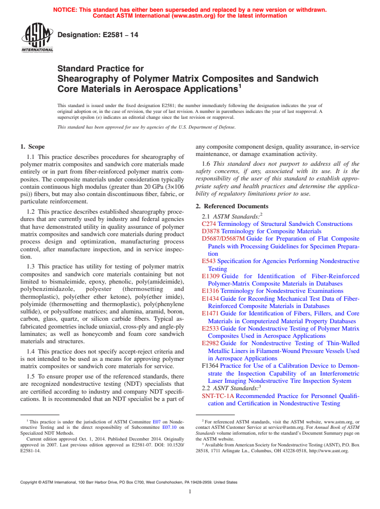 ASTM E2581-14 - Standard Practice for  Shearography of Polymer Matrix Composites and Sandwich Core  Materials in Aerospace Applications