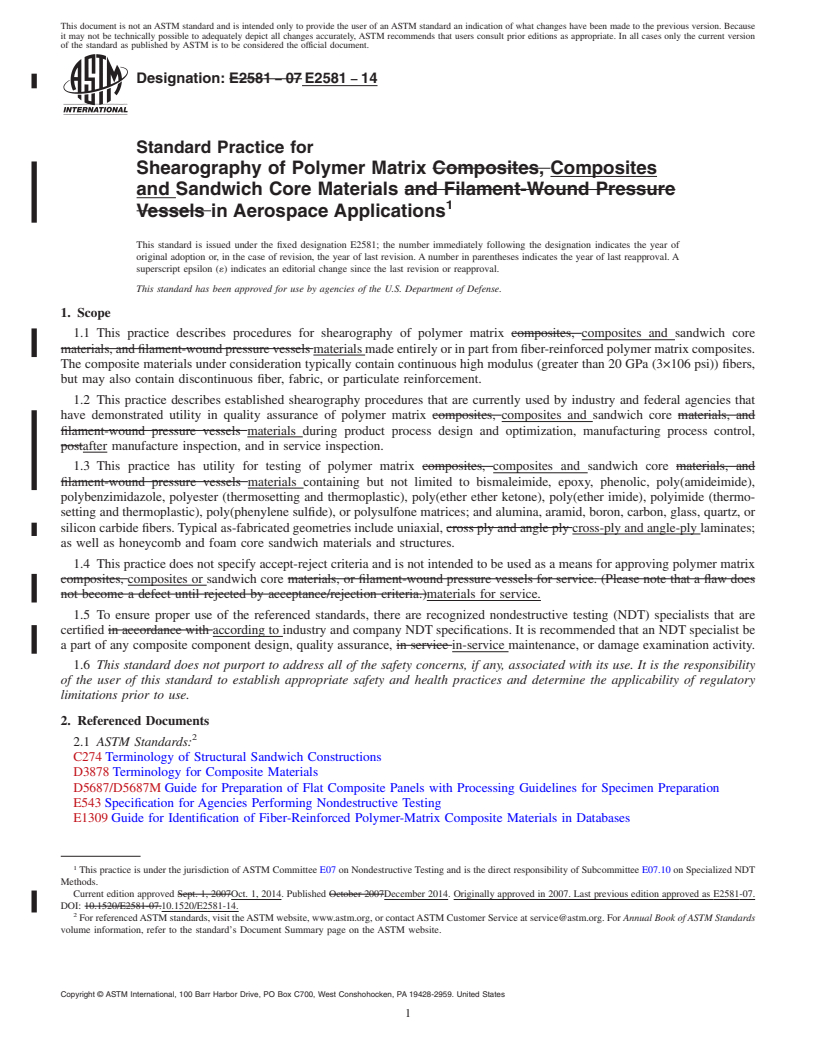 REDLINE ASTM E2581-14 - Standard Practice for  Shearography of Polymer Matrix Composites and Sandwich Core  Materials in Aerospace Applications