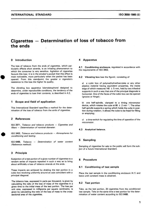 ISO 3550:1985 - Cigarettes -- Determination of loss of tobacco from the ends