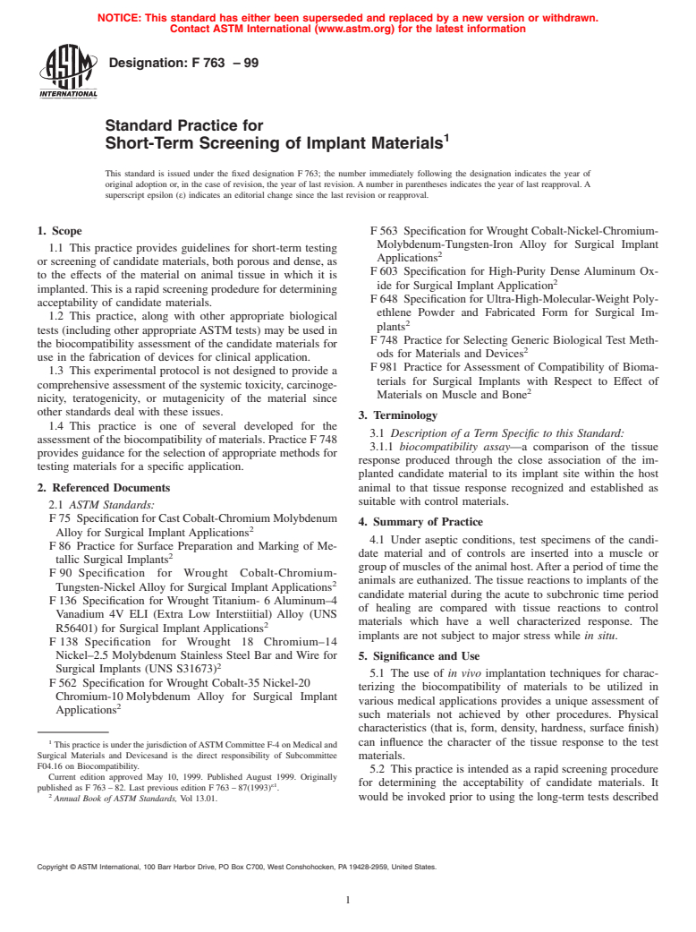 ASTM F763-99 - Standard Practice for Short-Term Screening of Implant Materials