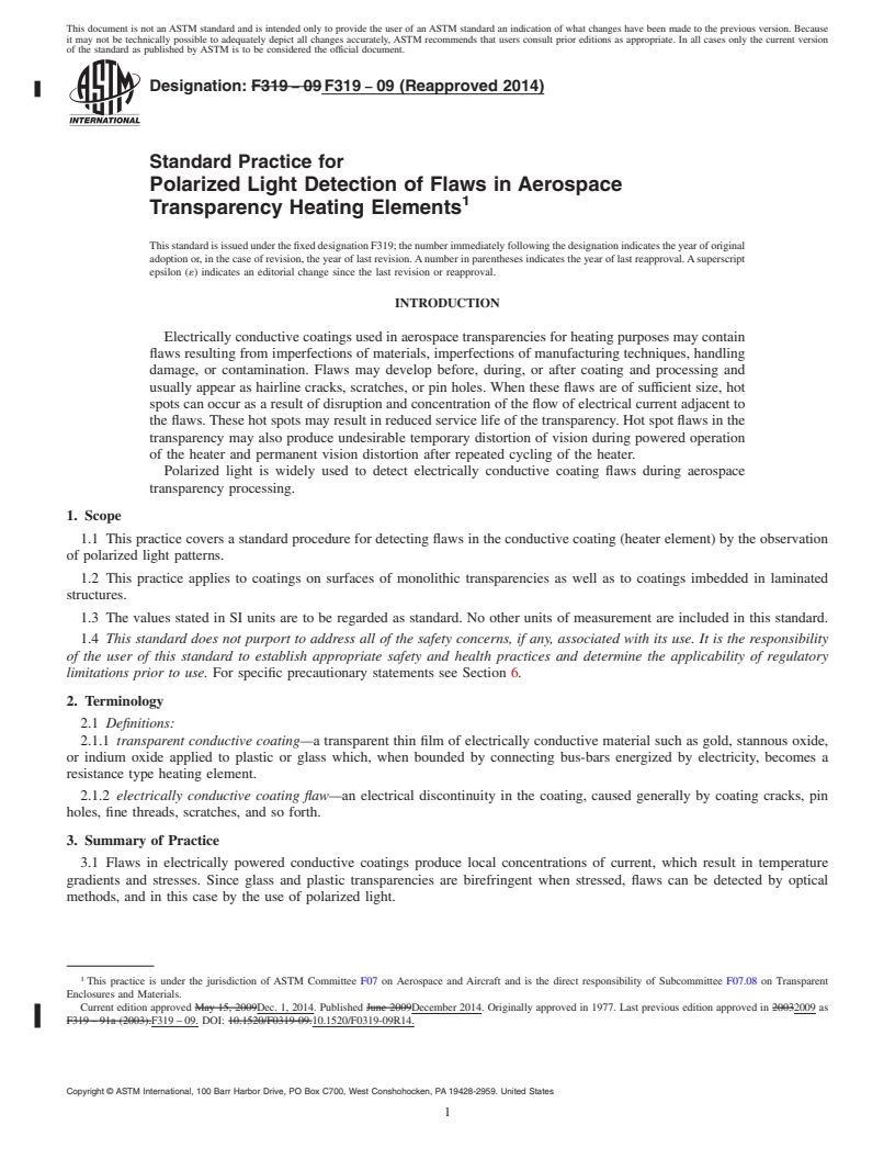 REDLINE ASTM F319-09(2014) - Standard Practice for  Polarized Light Detection of Flaws in Aerospace Transparency  Heating Elements