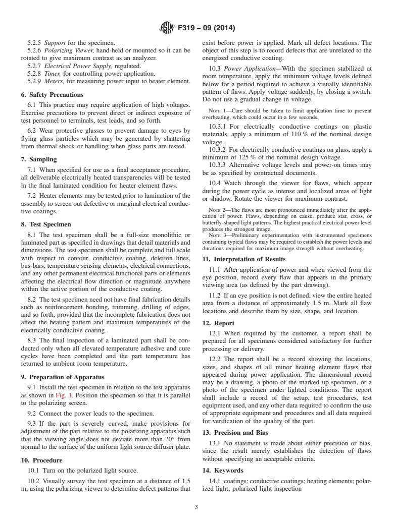 ASTM F319-09(2014) - Standard Practice for  Polarized Light Detection of Flaws in Aerospace Transparency  Heating Elements