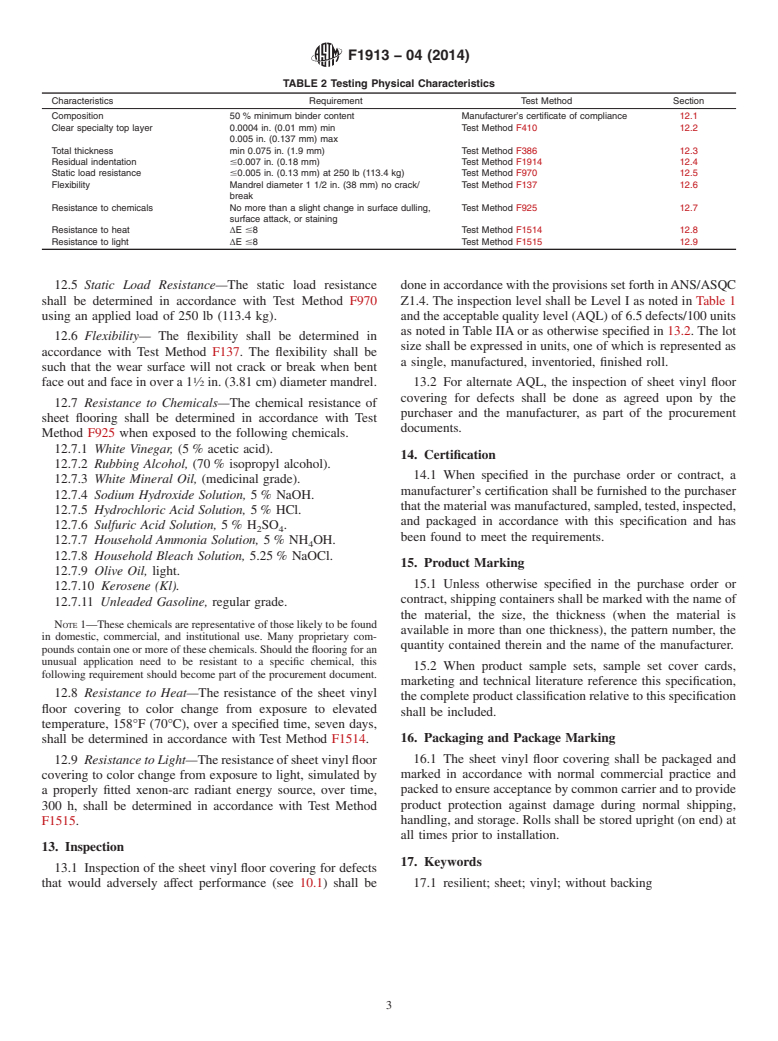 ASTM F1913-04(2014) - Standard Specification for  Vinyl Sheet Floor Covering Without Backing