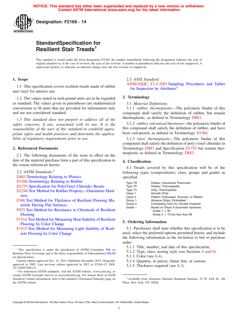 ASTM F2169-14 - Standard Specification for  Resilient Stair Treads