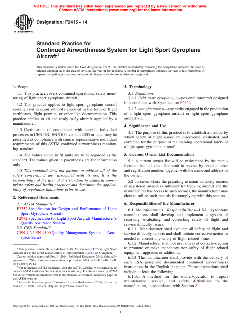 ASTM F2415-14 - Standard Practice for Continued Airworthiness System for Light Sport Gyroplane Aircraft (Withdrawn 2023)