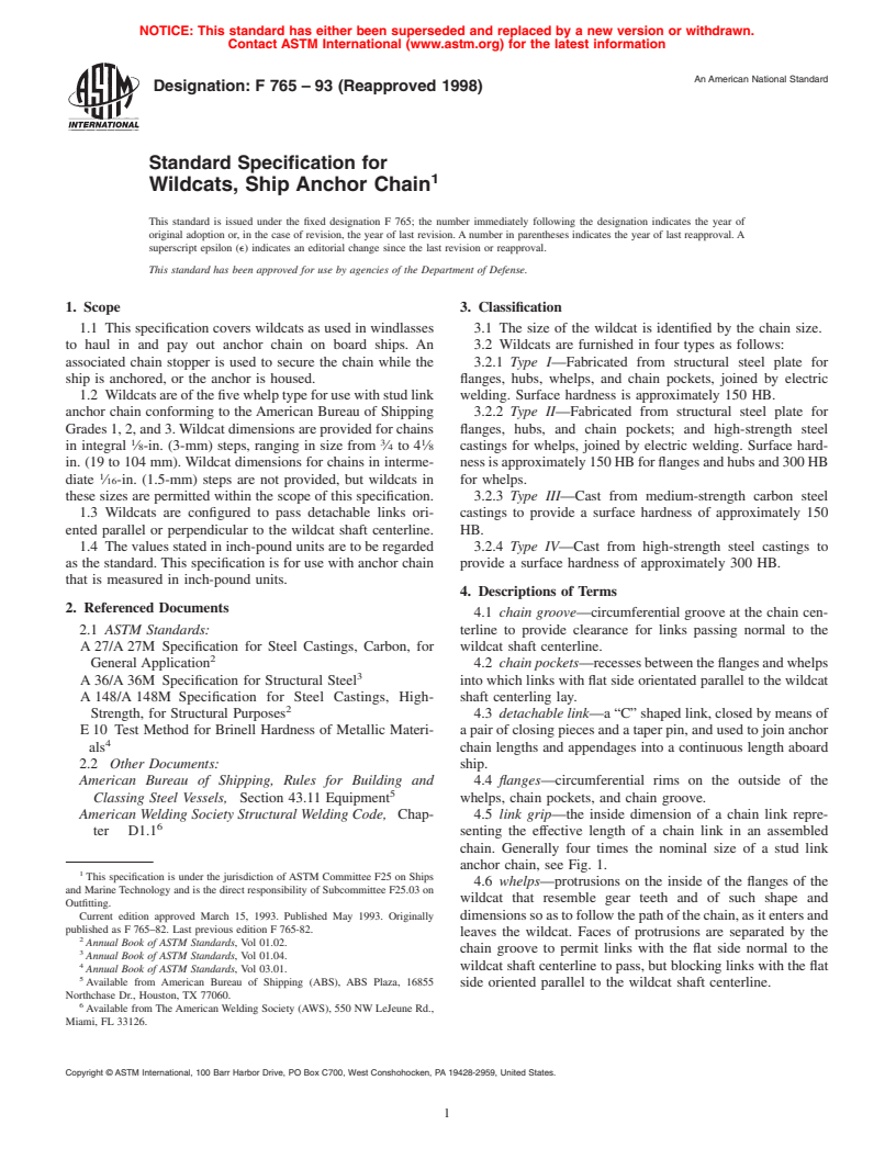 ASTM F765-93(1998) - Standard Specification for Wildcats, Ship Anchor Chain