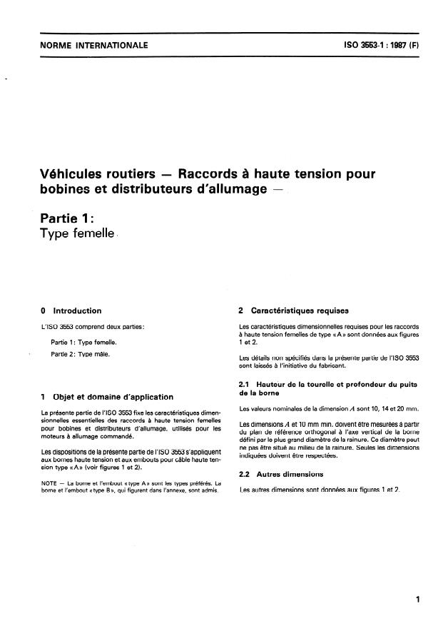 ISO 3553-1:1987 - Véhicules routiers -- Raccords a haute tension pour bobines et distributeurs d'allumage