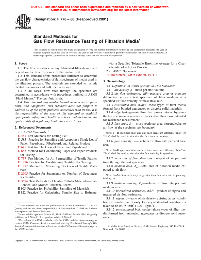 ASTM F778-88(2001) - Standard Methods for Gas Flow Resistance Testing of Filtration Media