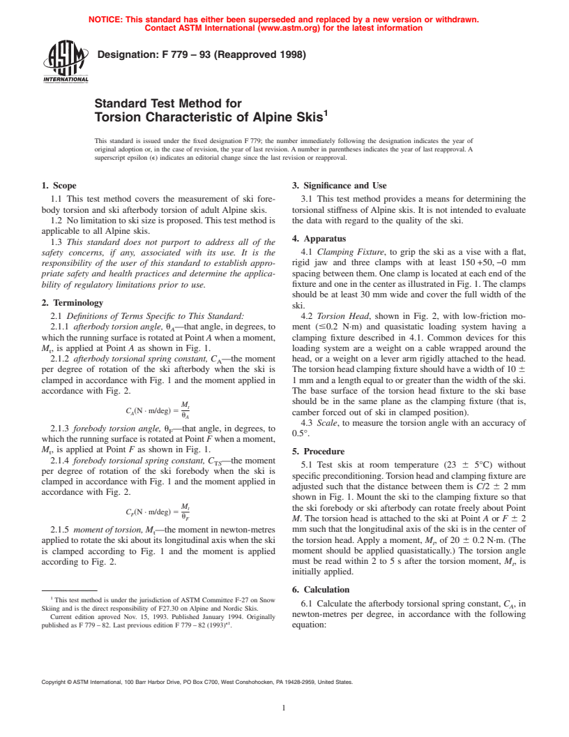 ASTM F779-93(1998) - Standard Test Method for Torsion Characteristic of Alpine Skis