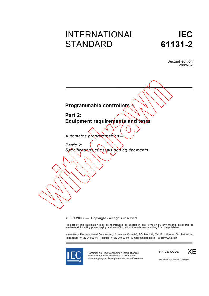 IEC 61131-2:2003 - Programmable controllers - Part 2: Equipment requirements and tests
Released:2/19/2003
Isbn:2831868645