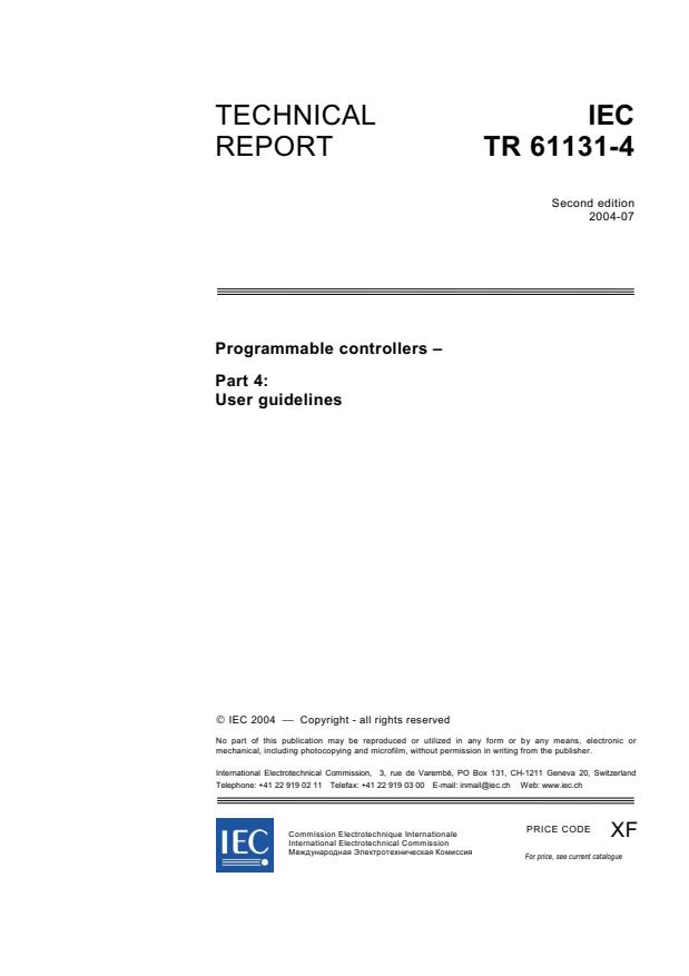 IEC TR 61131-4:2004 - Programmable controllers - Part 4: User guidelines