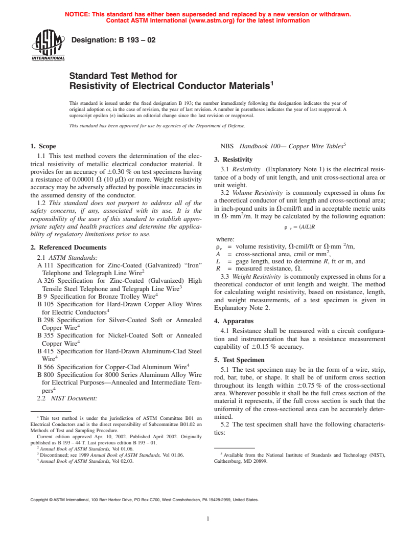 ASTM B193-02 - Standard Test Method for Resistivity of Electrical Conductor Materials