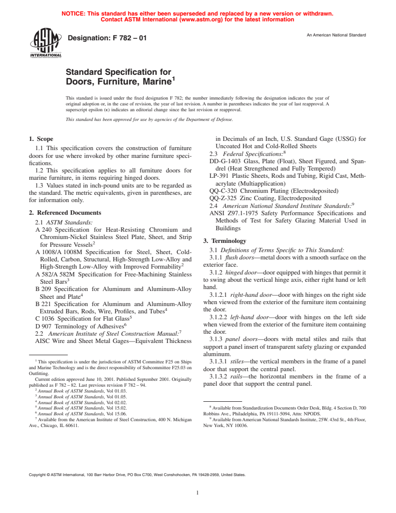 ASTM F782-01 - Standard Specification for Doors, Furniture, Marine