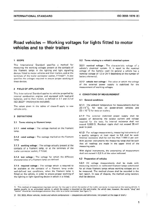 ISO 3559:1976 - Road vehicles -- Working voltages for lights fitted to motor vehicles and to their trailers