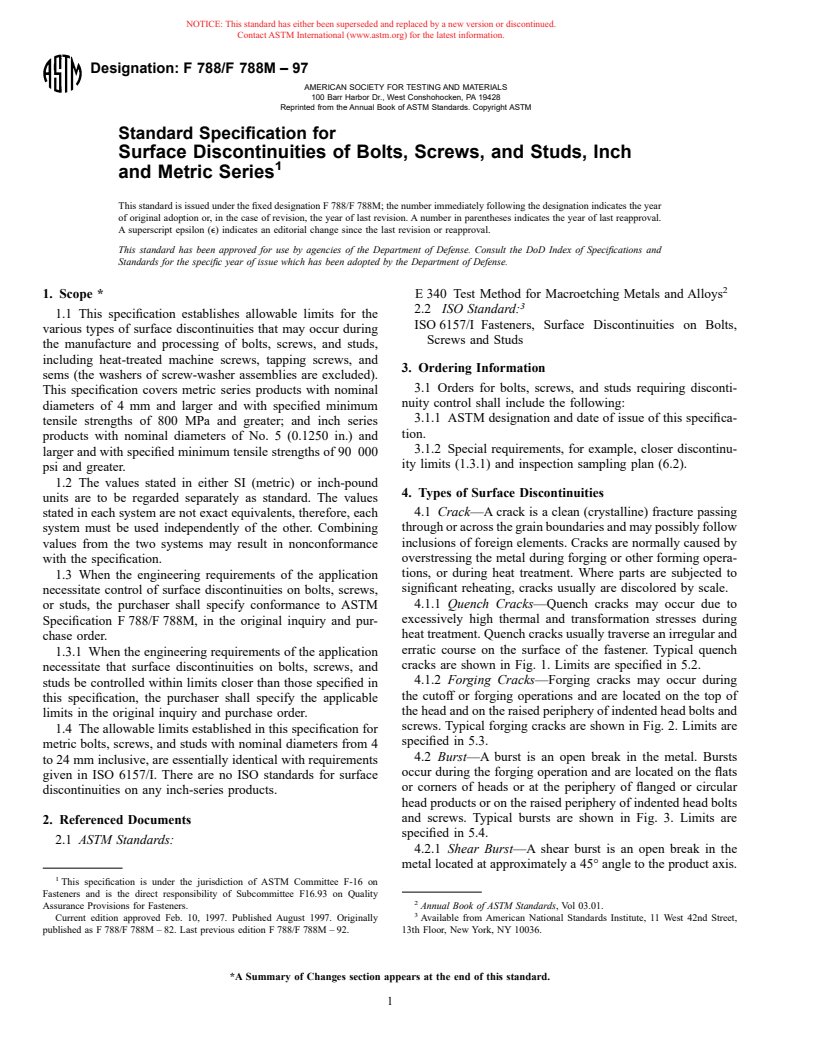 ASTM F788/F788M-97 - Standard Specification for Surface Discontinuities of Bolts, Screws, and Studs, Inch and Metric Series