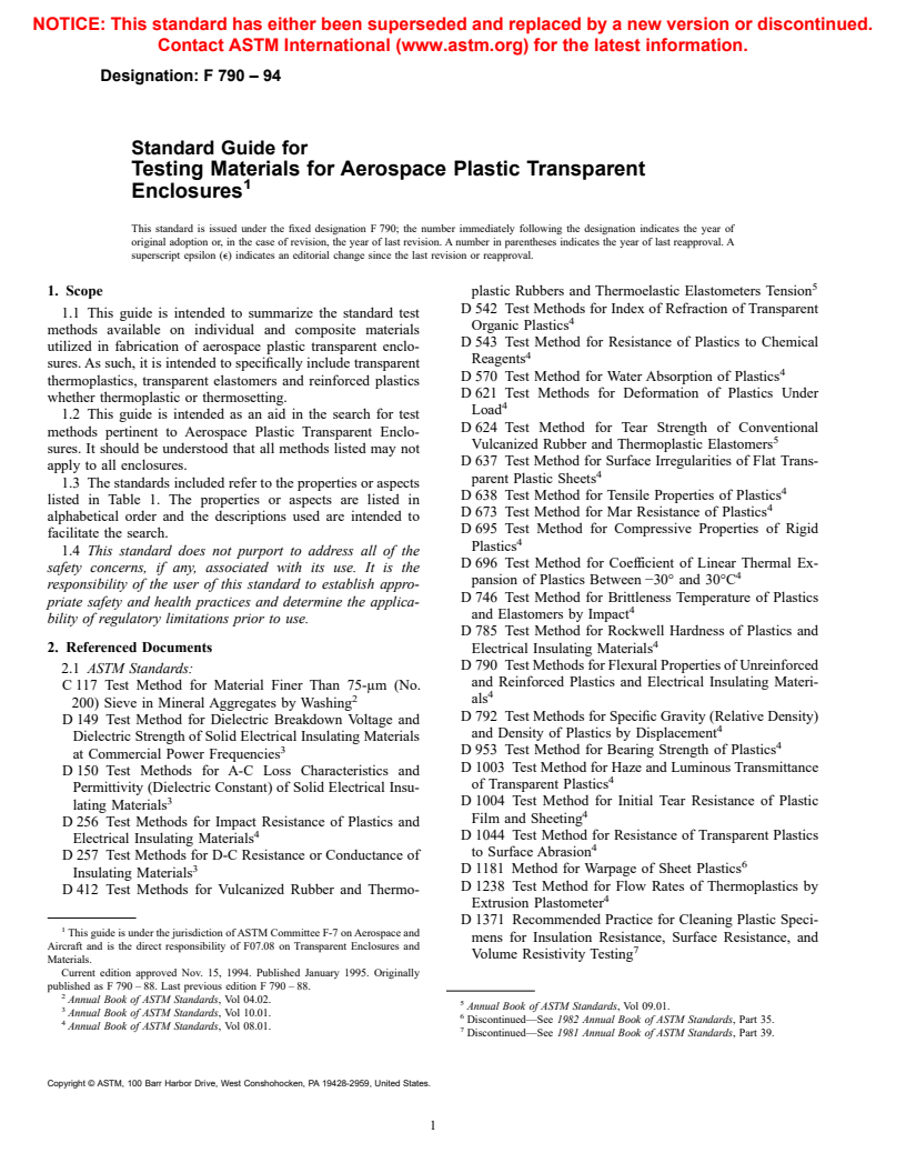 ASTM F790-94 - Standard Guide for Testing Materials for Aerospace Plastic Transparent Enclosures