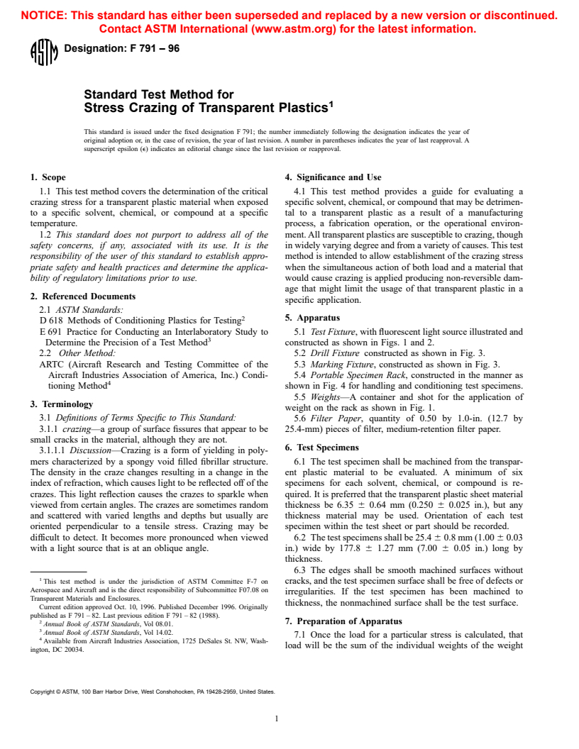 ASTM F791-96 - Standard Test Method for Stress Crazing of Transparent Plastics