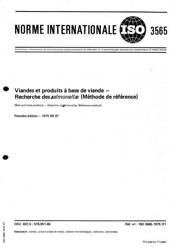 ISO 3565:1975 - Viandes et produits a base de viande -- Recherche des salmonellae (Méthode de référence)