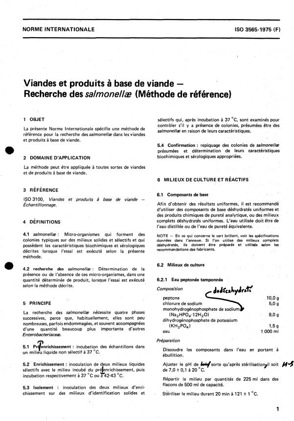 ISO 3565:1975 - Viandes et produits a base de viande -- Recherche des salmonellae (Méthode de référence)