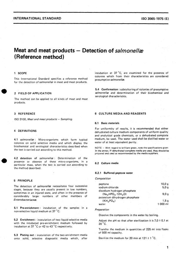 ISO 3565:1975 - Meat and meat products -- Detection of salmonellae (Reference method)