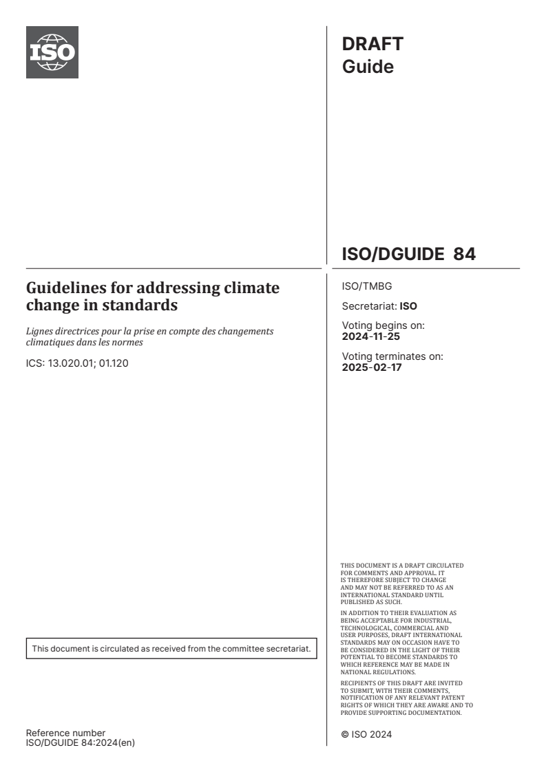 ISO/DGuide 84 - Guidelines for addressing climate change in standards
Released:30. 09. 2024