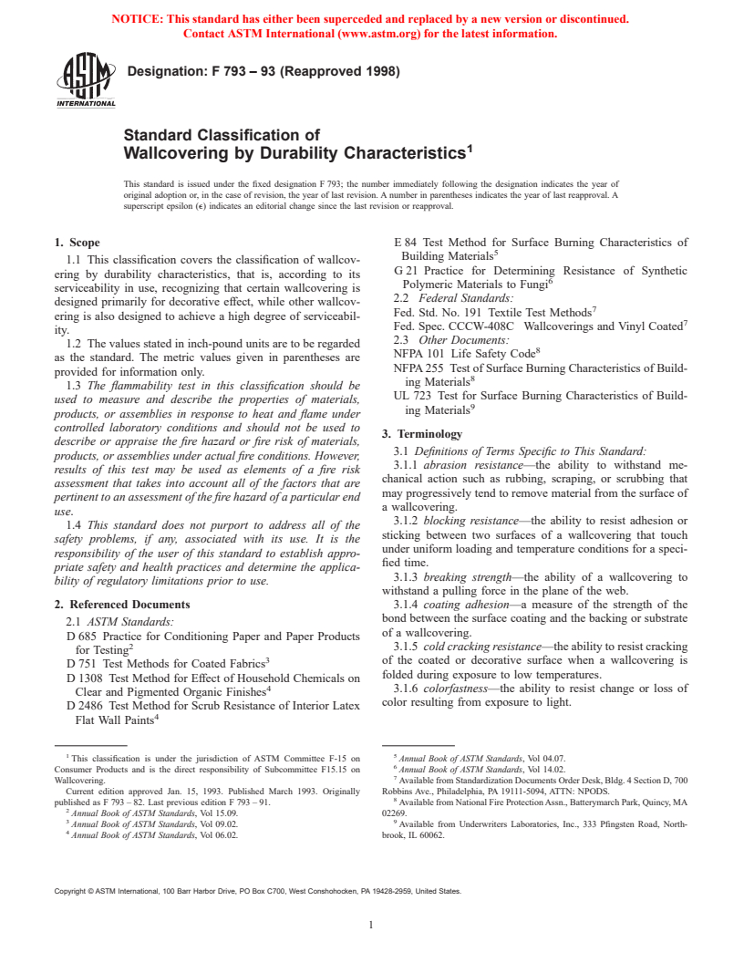 ASTM F793-93(1998) - Standard Classification of Wallcovering by Durability Characteristics